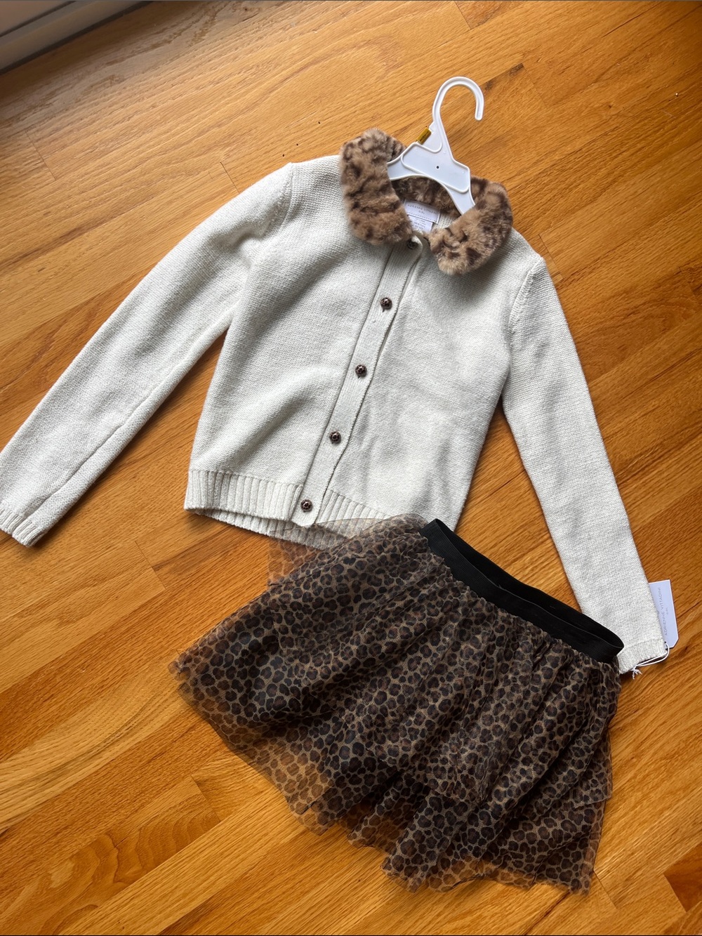 Girls Cream Cardigan with Faux Fur Collar & Leopard Tulle Skirt Size 6X